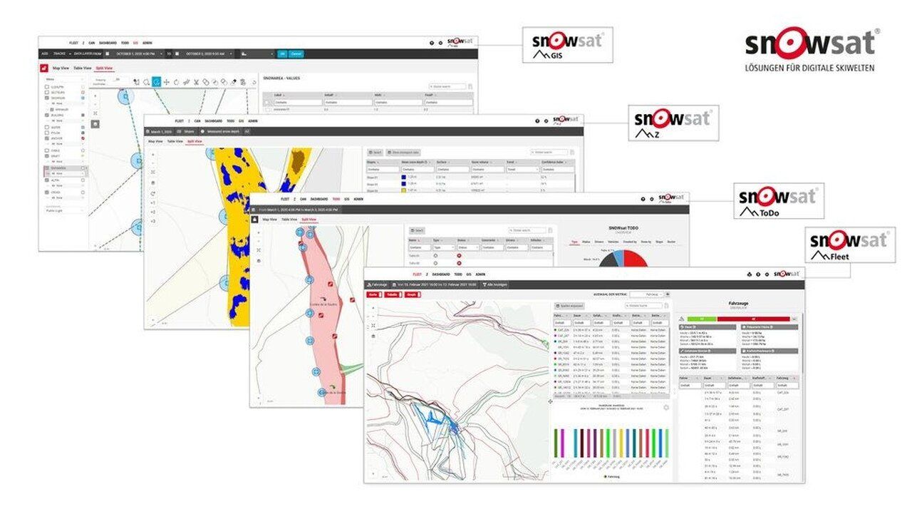 Ein Bild Quattro soluzioni, un solo look! Da questa stagione gli utenti trovano SNOWsat Fleet, SNOWsat ToDo, SNOWsat GIS e SNOWsat Z sulla stessa mappa e possono quindi leggere e valutare ancora più facilmente i dati rilevanti.