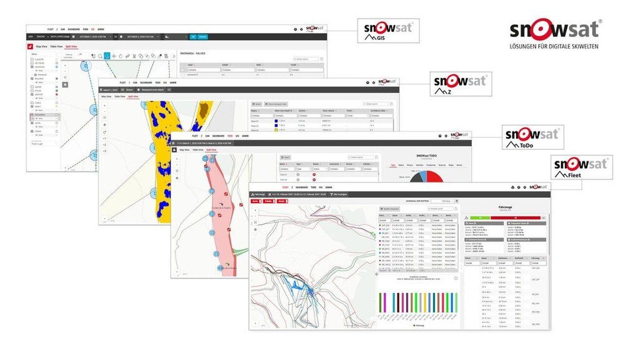 Quattro soluzioni, un solo look! Da questa stagione gli utenti trovano SNOWsat Fleet, SNOWsat ToDo, SNOWsat GIS e SNOWsat Z sulla stessa mappa e possono quindi leggere e valutare ancora più facilmente i dati rilevanti.